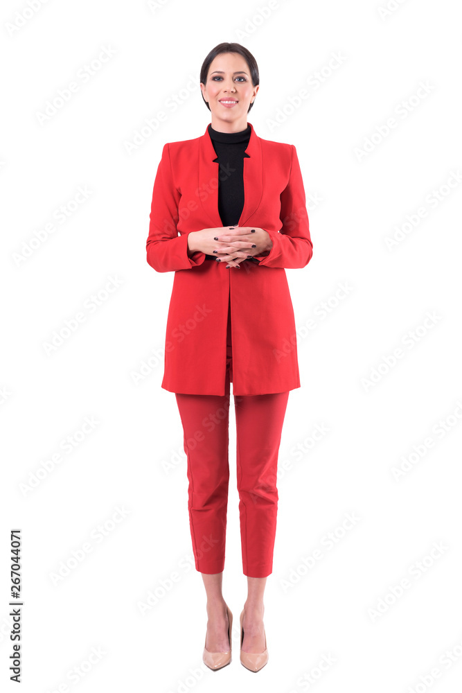 Elegant beautiful business woman in formal clothes standing in negotiation posture. Full body isolated on white background. Elegant beautiful business woman in formal clothes standing in negotiation posture. Full body isolated on white background.
