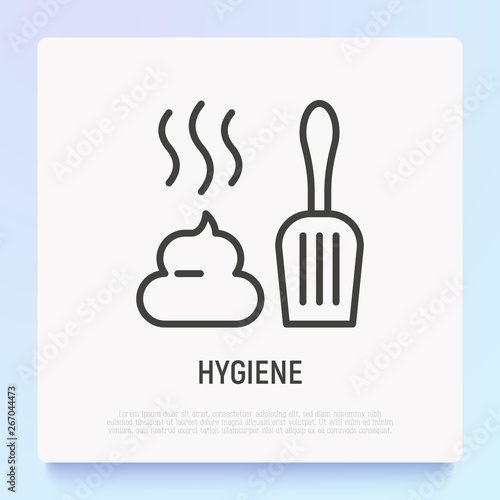 Hygiene after pet thin line icon: poop and scoop. Modern vector illustration for pet shop.
