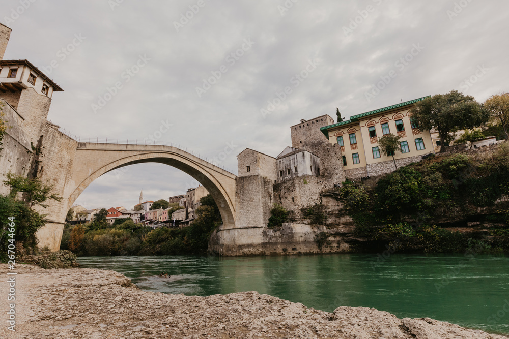 The Old Bridge in Mostar with emerald river Neretva. Bosnia and Herzegovina
