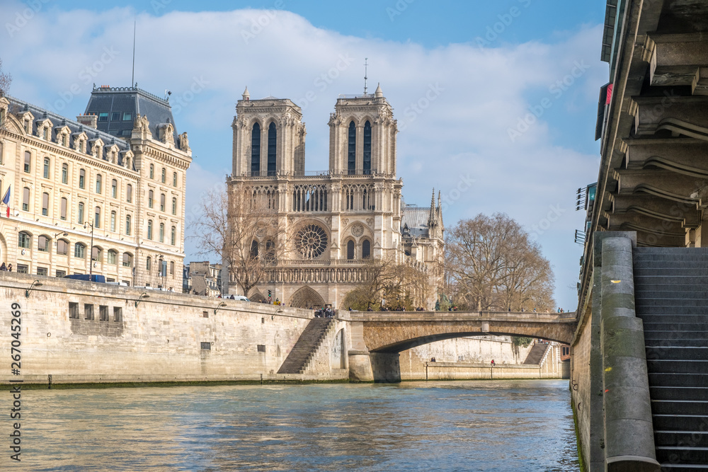 Notre Dame de Paris Cathedral from the Seine before the fire in april 2019