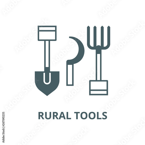 Rural tools,shovel, hayfork, reaping hook vector line icon, outline concept, linear sign