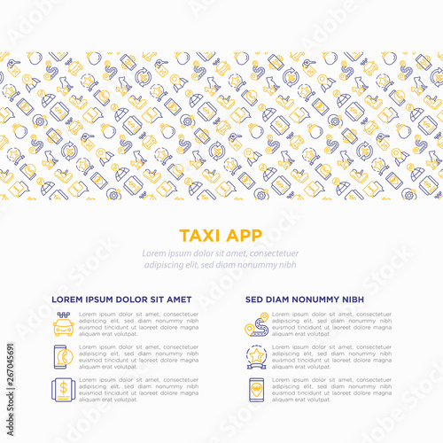 Taxi app concept with thin line icons: payment method, promocode, app settings, info, support service, phone number, location, pointer, airport transfer, baby seat. Vector illustration for print media
