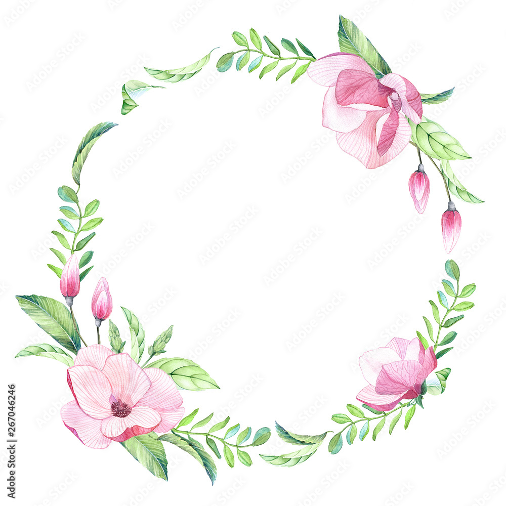 Watercolor floral arrangement of big magnolia flowers, buds tropical leaves, colorful pink green color, exotic wedding occasion design, ornament wreath