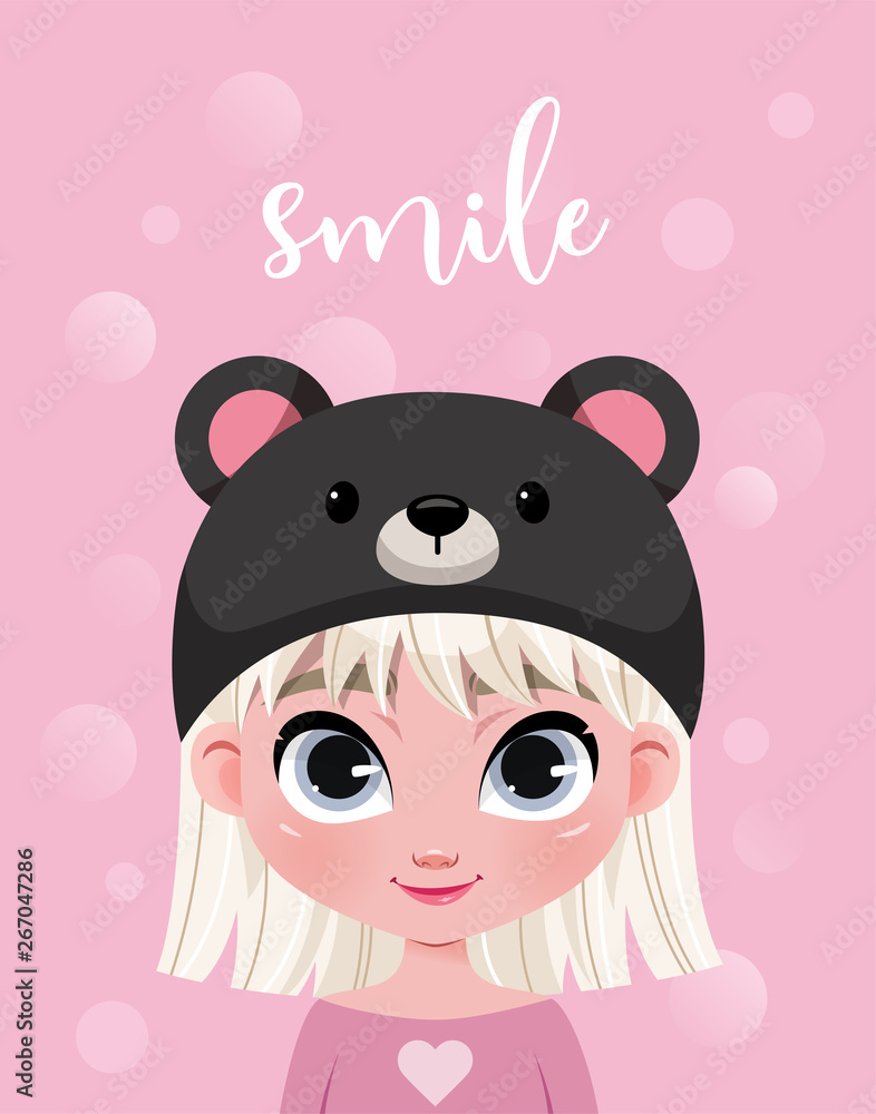 Cute little girl character in hat on pink background with bokeh. Template for card, poster, your design.