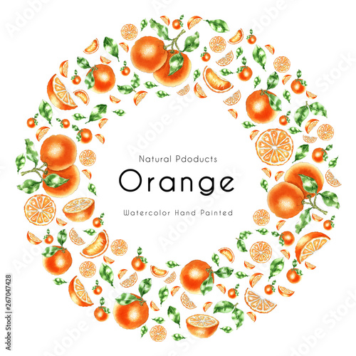 Hand painted watercolor orange round design for natural food  sweets  pastries  dessert menu  beauty and health care products. Can be used for invitation  banners  cover design  packaging templates