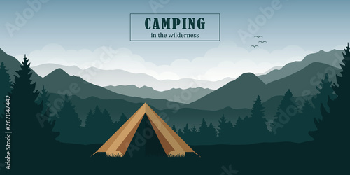 camping adventure in the wilderness tent in the forest at green mountain landscape vector illustration EPS10