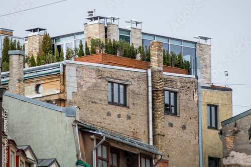  City landscape. Riga, Latvia. Sunny summer day. Traveling in Europe. City sky.