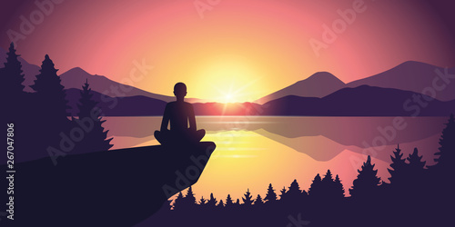 person enjoy the silence at purple mountain nature landscape by the lake at sunset vector illustration EPS10