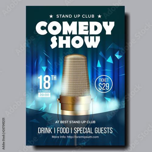 Stylish Banner Of Evening Comedy Live Show Vector. Studio Closeup Golden Microphone, Blue Curtain And Decoration Color Confetti On Retro Banner. Comical Leisure Time In Club Realistic 3d Illustration