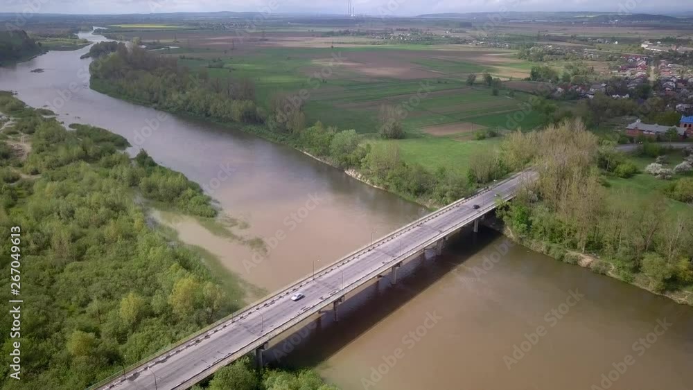 Aerial view of Dnister river and two bridges in town of Halych in Ukraine. Aerial view of Dnister river and two bridges in town of Halych in Ukraine.