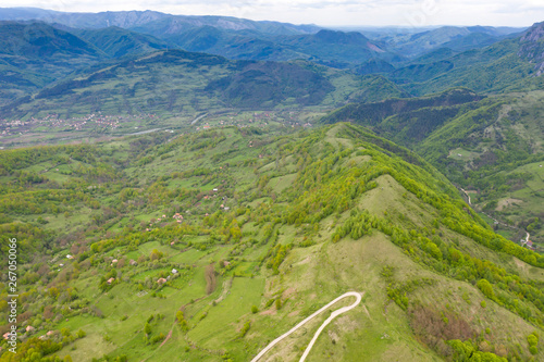 Transylvania countryside hills, stunning aerial view in spring.