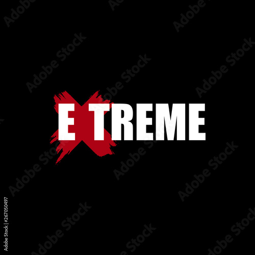 Extreme - grunge white logo with hand drawn red ink brush cross on black background. Extreme sport icon design for poster, flyer, banner, t-shirt print. X game abstract sign with handdrawing stroke