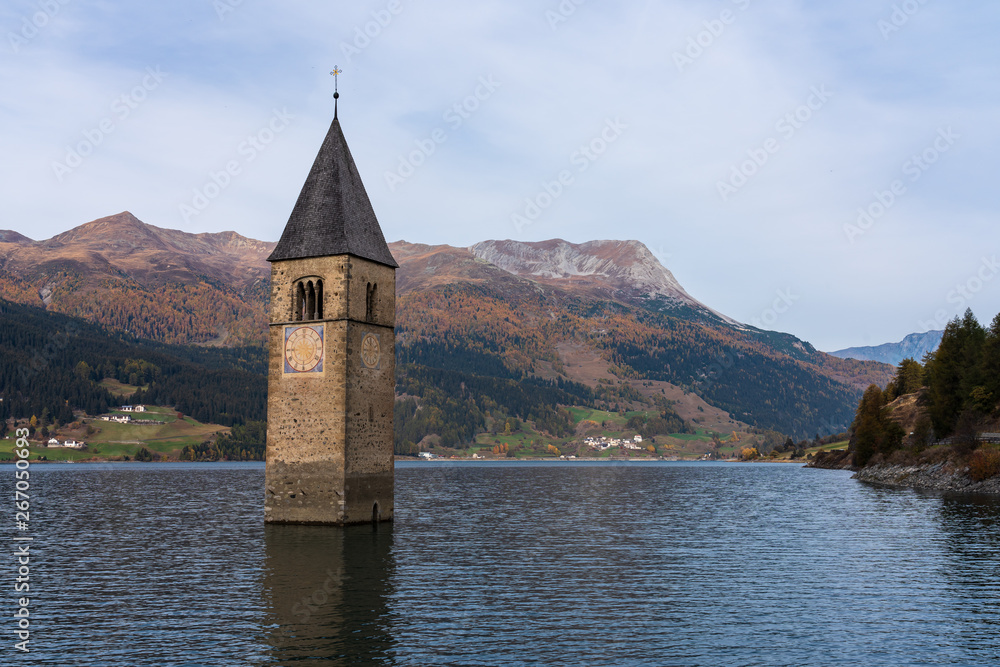 Church in the water at Lake Reschen in Tyrol in north Italy