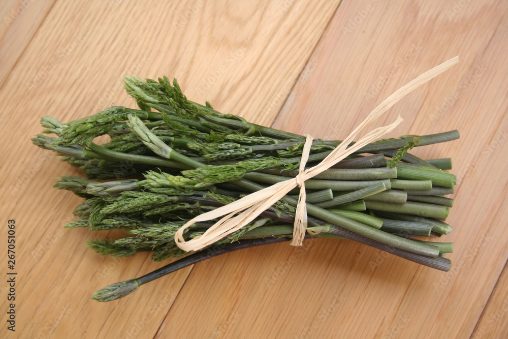 Butcher's Broom sprouts on wooden background. Ruscus aculeatus fresh sprouts on table Butcher's Broom sprouts on wooden background. Ruscus aculeatus fresh sprouts on table