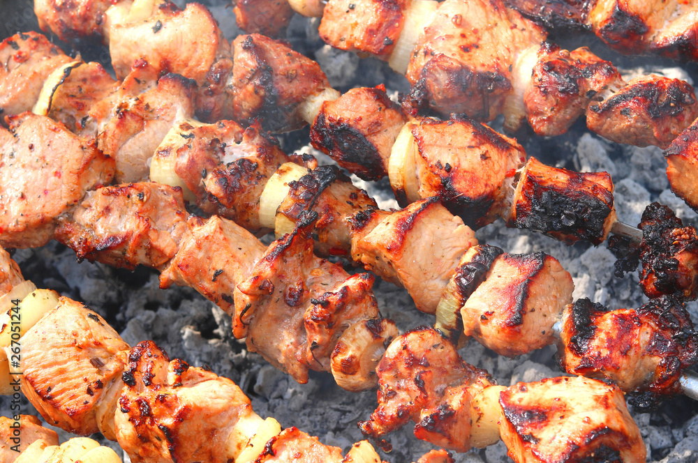 Barbecue skewers with juicy appetizing delicious meat closeup