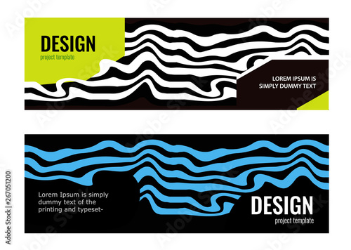 Set Horizontal color banners with bright waves on black background. Design abstract web banners. Universal template for a web site with text. 