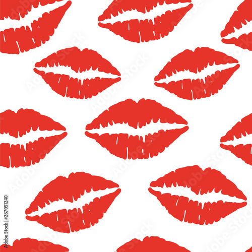 Lips pattern. Vector seamless pattern with woman s red and pink kissing flat lips. Lipstick kiss illustration Isolated on white.