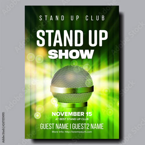 Stylish Poster Of Stand Up Show In Club Vector. Chrome Microphone, Green Curtain And Light Bubbles Due Spotlight On Poster With Information Artists Name. Humorous Concert Realistic 3d Illustration