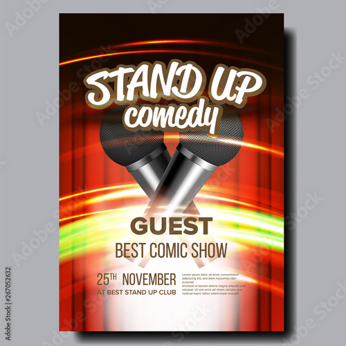 Advertising Poster Of Comedy Show In Club Vector. Modern Microphones, Speed Movement Lights And Red Curtain On Background With Calligraphy Text Poster. Comical Live Concert Realistic 3d Illustration