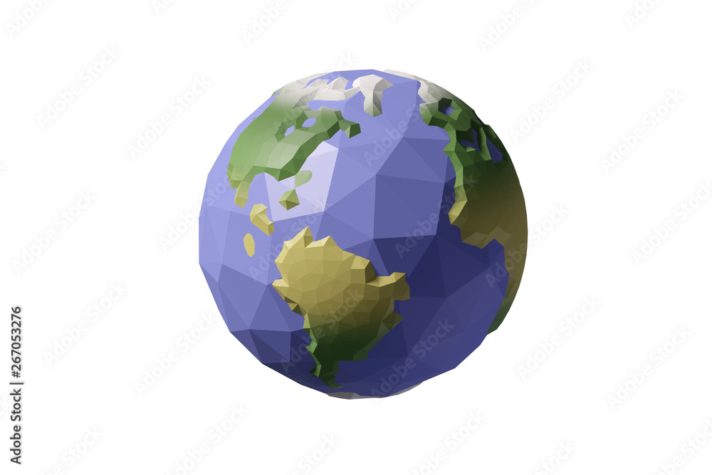 Stylized low poly earth on white background. 3d illustration