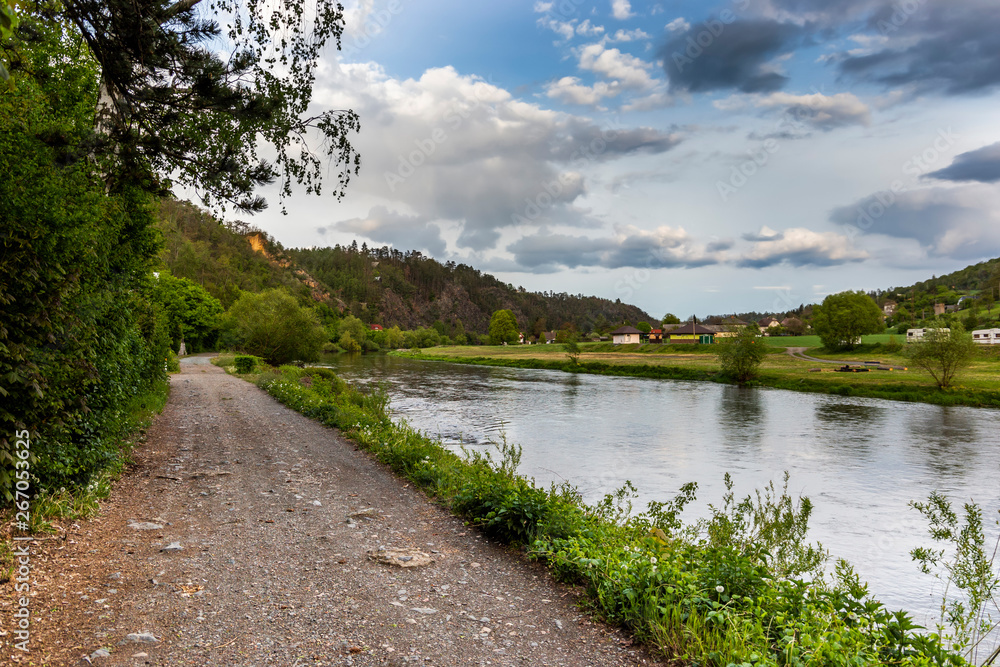 View of picturesque landscape of green hill and Berounka river. Czech Republic.