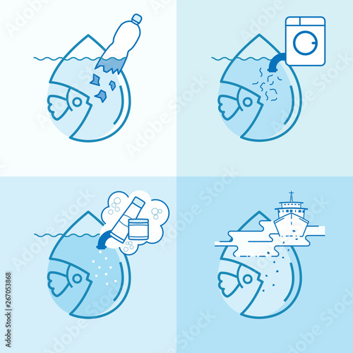 Microplastic pollution symbol set. Causes of contamination of water. Effect of toxic waste on marine animal. Vector illustration outline flat design style.