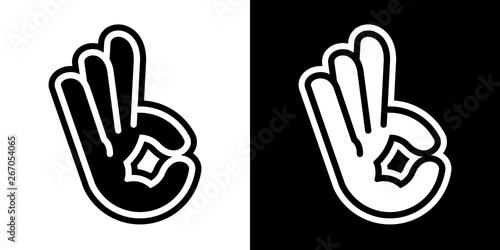 Stylized vector illustrations of human hand with three-pointer basketball sign; icons, isolated on white and black backgrounds.