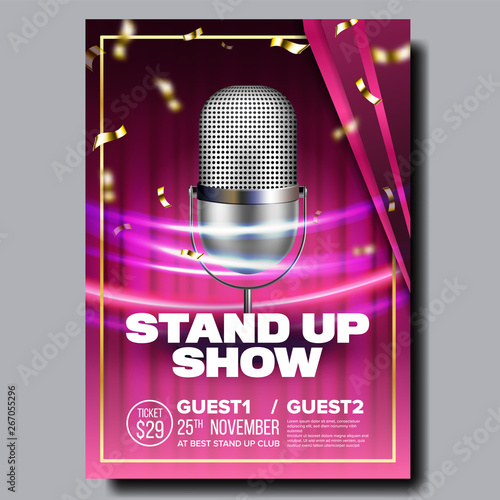 Advertising Card Banner On Stand Up Show Vector. Radio Microphone, Speed Movement Lights And Golden Confetti On Violet Curtain Background Design Banner. Humorous Concert Realistic 3d Illustration