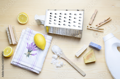 Eco friendly natural cleaners, washing soda, lemon, crystalic salt on a wooden background. Europe, Czech republic, photo