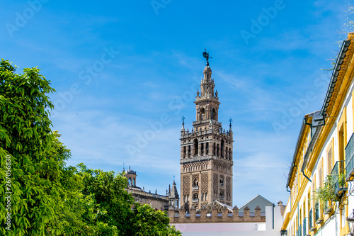 The Giralda is the bell tower of the Cathedral of Seville. Its height is 343 feet and is the former minaret of the mosque that stood on the site under Muslim rule.