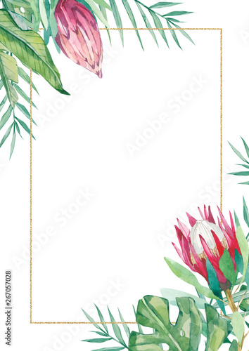 Watercolor floral frame  template. Summer illustration for invitation  wedding or greeting cards  postcards