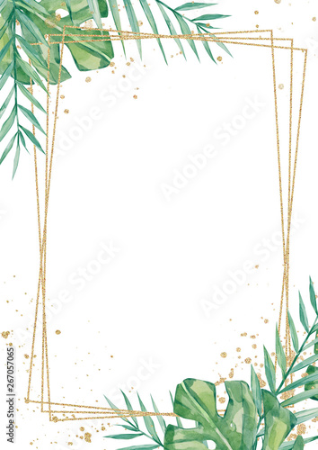 Watercolor tropical floral wedding cards, frame, template. Summer leaves and branches for invitation greeting cards, postcards