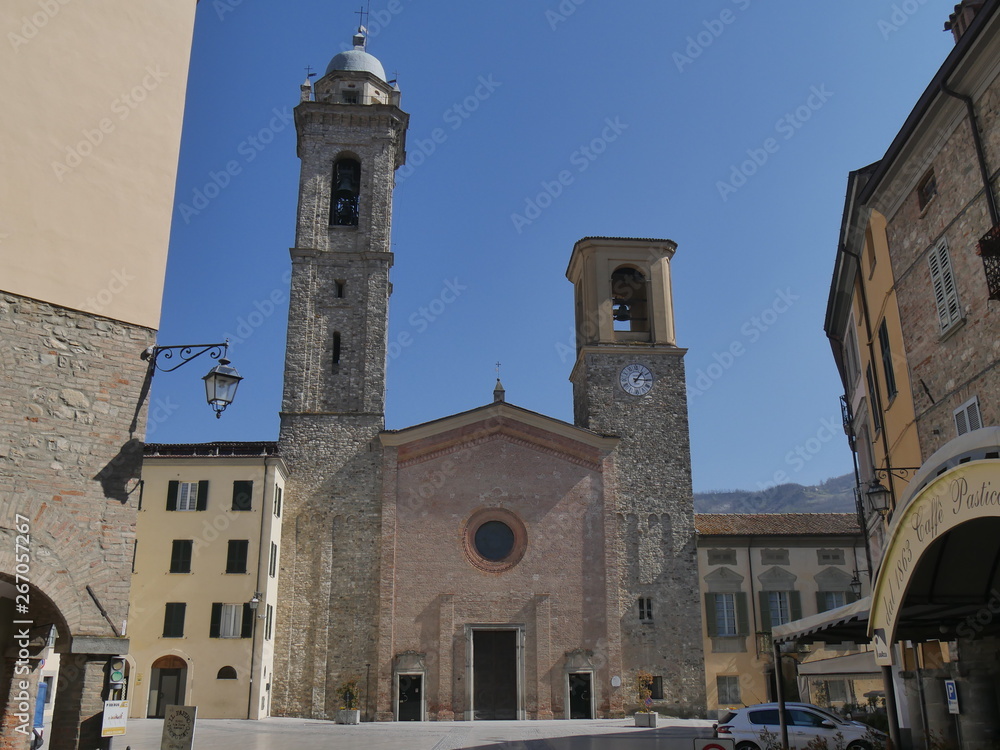 St.Mary Cathedral in Bobbio. The facade is in Gothic style with two majestic towers.