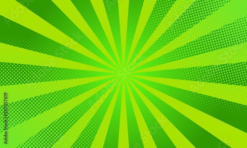 Green rays with halftone dots. Comic retro book page background. Pop art style. Template design for presentation, sale or web banner.