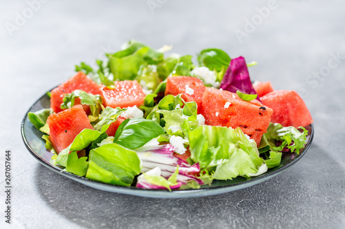 Summer salad with watermelon and salad leaves