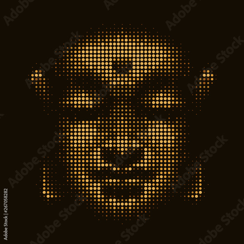 Abstract illustration buddha face with yellow gold colored circles bubbles on black background texture vector design