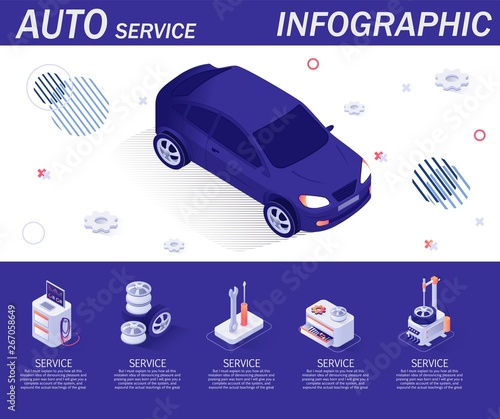 Autoservice Infographic with Isometric Icons. Diagnostics Equipment, Tools, Fitting Complex, Spare Parts. Banner with Isolated Car and Place for Description of Offering Service. Vector 3d Illustration