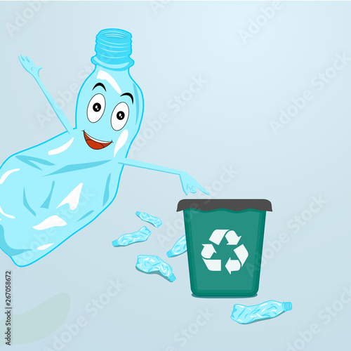 Stop plastic pollution, agitation poster.Ecological concept poster with funny cartoon character from crumpled plastic bottle. Sign recycle garbage. Plastic recycling.Do not litter.Vector illustration