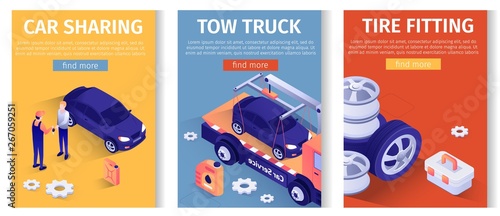 Mobile Text Set for Online Auto Service. Car Sharing, Tow Truck Evacuation, Tire Fitting Offers. Isometric Templates with Transport and Spare Parts. Worker and Client. 3d Illustration Promotion Design