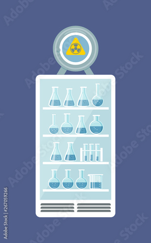 Cooling cabinet with chemicals, substances, test tubes, for experiments, research.
