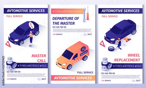 Automobile Service Editable Brochure. Set of Master Call Flyers with Telephone Number, Place for Text. Promotion Posters Offers Spare Parts for Sale and Wheel Replacement. Vector 3d Illustration