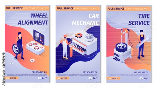Set of Lettering Advertisements for Service. Posters with Auto Maintenance Operation Process and Masters at Work. Wheel Alignment, Car Mechanic, Tire Service Offers. Vector Isometric 3d Illustration