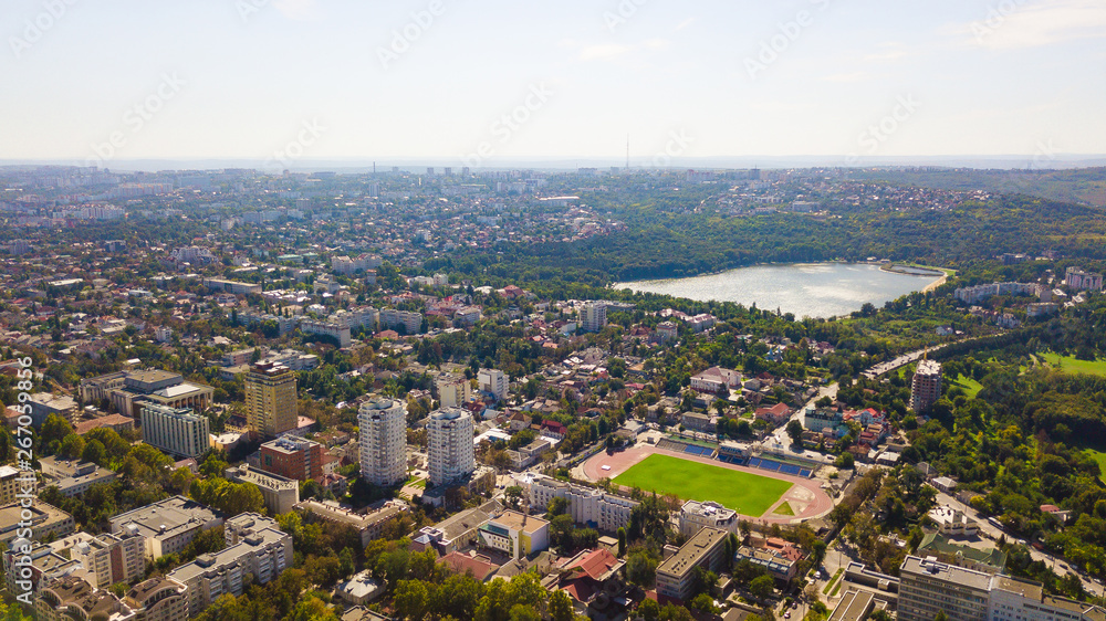 Aerial shot of Chisinau City. Blue sky with clouds. Chisinau, Moldova
