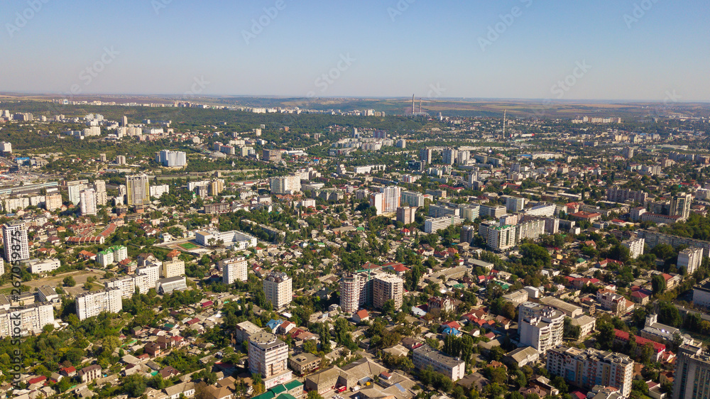 Aerial shot of botanica district of the Chisinau City. Blue sky. Chisinau, Moldova