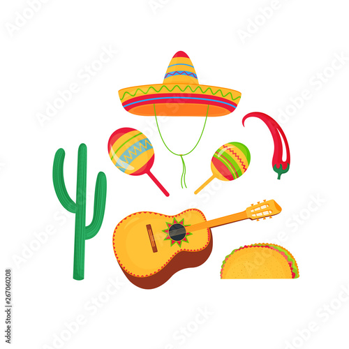 Cinco de Mayo. 5th of May. Cinco de Mayo. 5th of May. Sombrero, Maracas and Guitarrone. Mexican broad-brimmed straw hat, chili pepper, cactus and taco.