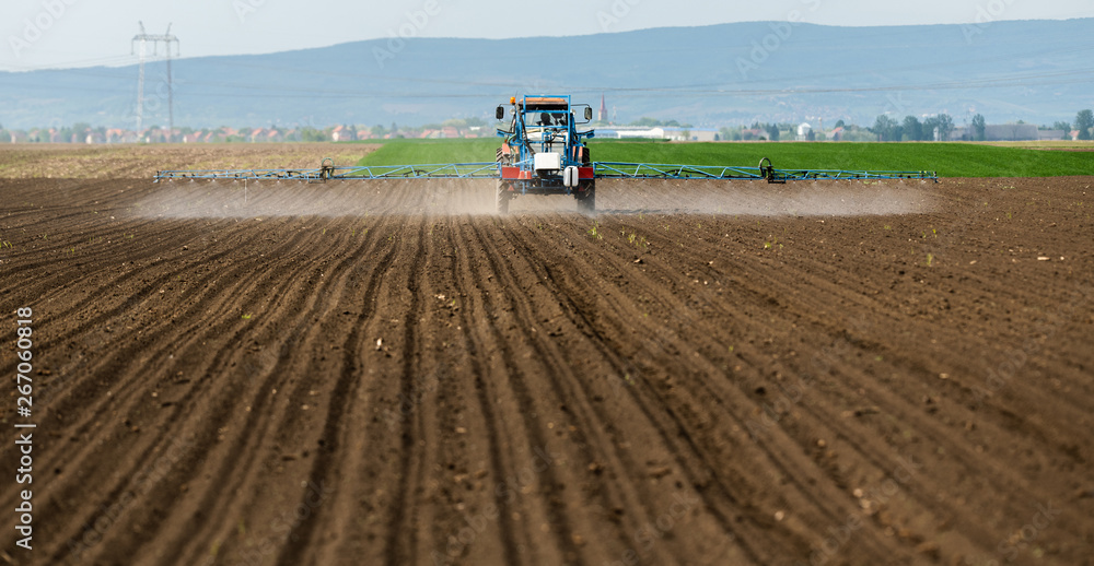 Tractor spraying pesticides at wheat field Tractor spraying pesticides at wheat field