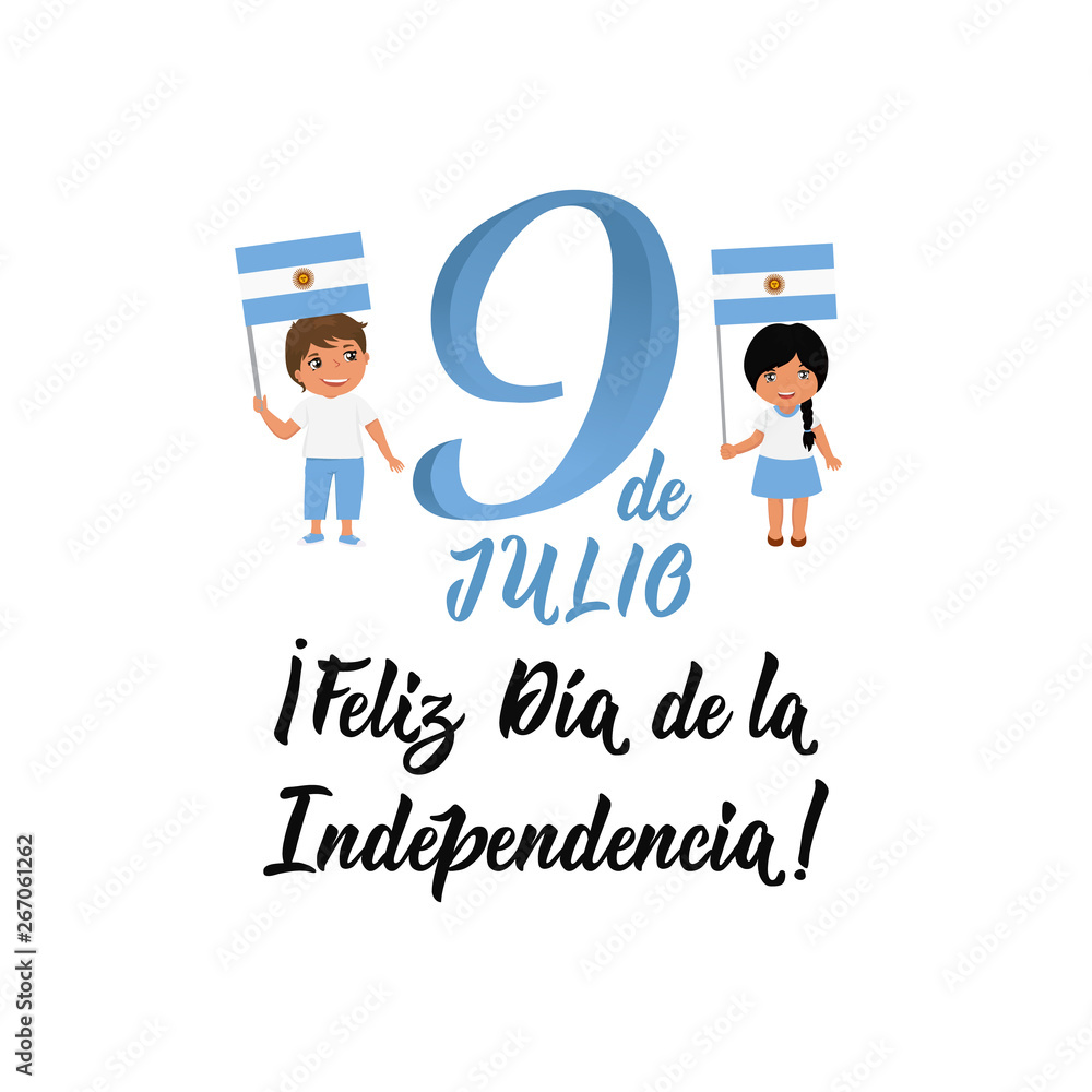 text in spanish: Happy Independence Day, 9th July. Vector illustration. Design concept banner, card. Lettering text in spanish: Happy Independence Day, 9th July. Vector illustration. Design concept banner, card. Lettering