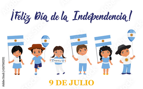 text in spanish: Happy Independence Day, 9th July. Vector illustration. Design concept banner, card. Lettering