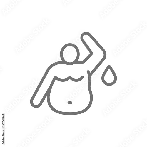 Fat sweaty man, obesity man line icon.