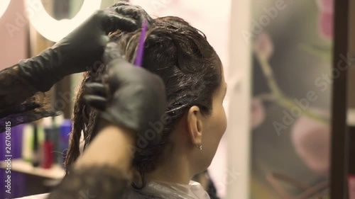 professional hairdresser in black shirt dyes long brown hair with purple brush in salon backside close view